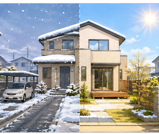 雪の積もった北道路と南側に日当たりのある建売住宅