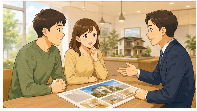 現地販売の不動産会社と話すカップル