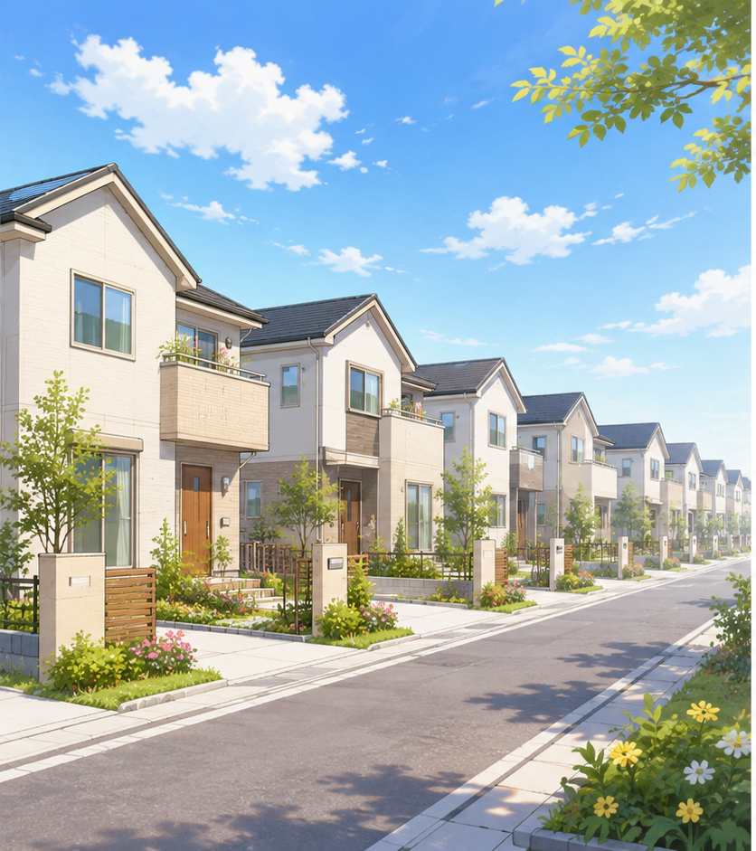 アーネストワン・タクトホームの新築建売住宅が並ぶ住宅街